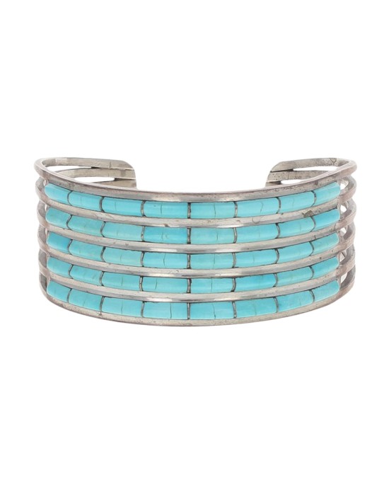 Zuni Signed ALW Sterling Silver & Turquoise Inlay Bracelet
